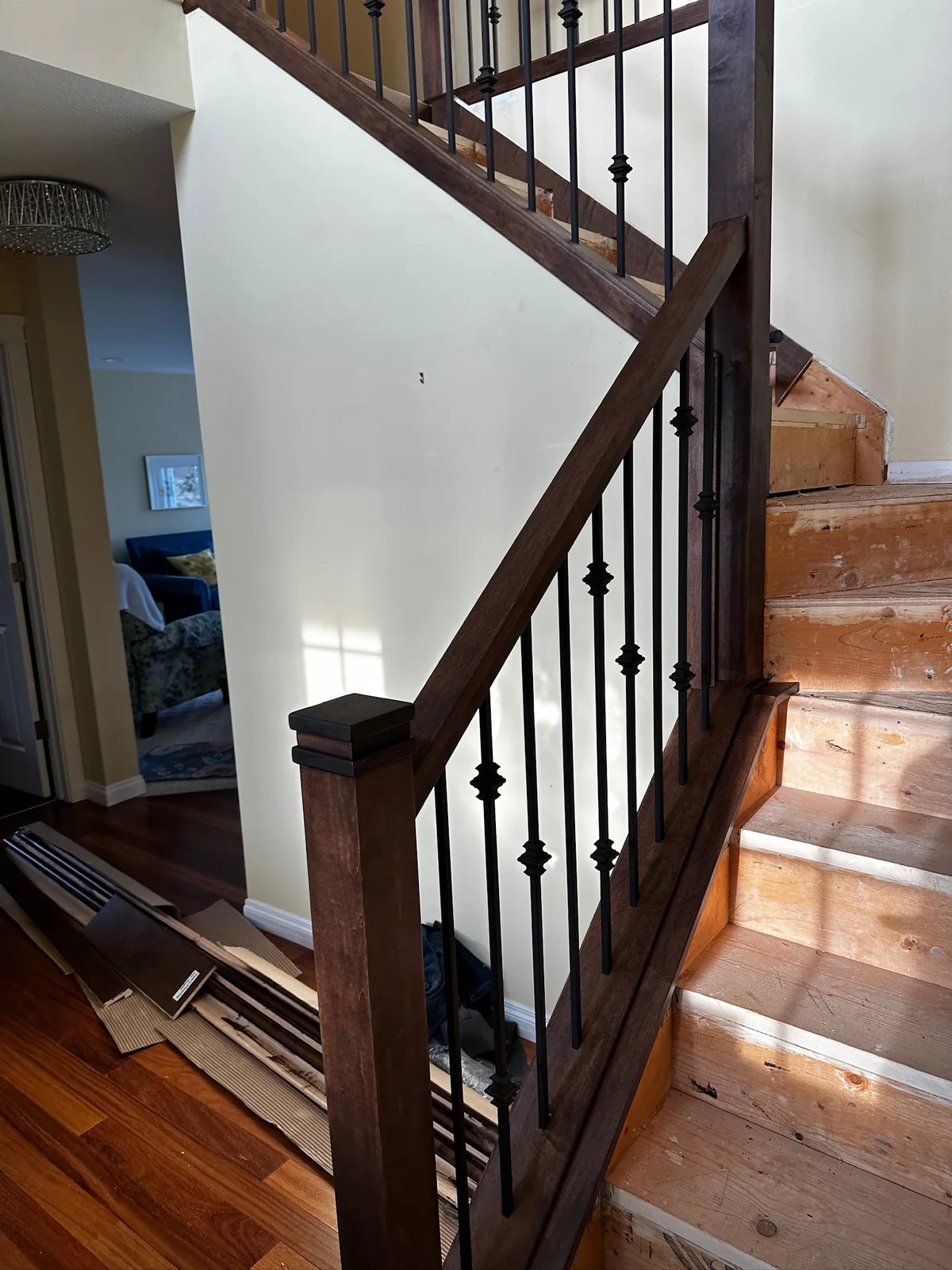 Custom staircase and railing built by Ben's Carpentry in the Edmonton area