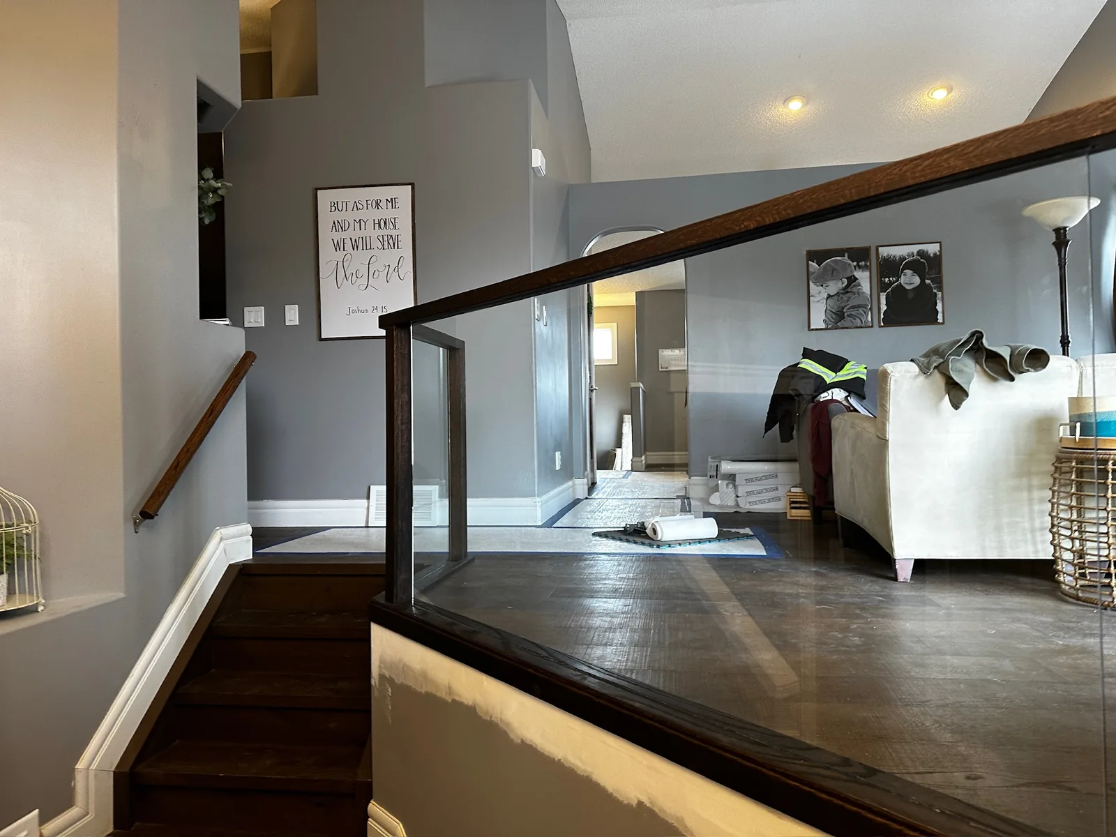 Custom staircase and railing built by Ben's Carpentry in the Edmonton area