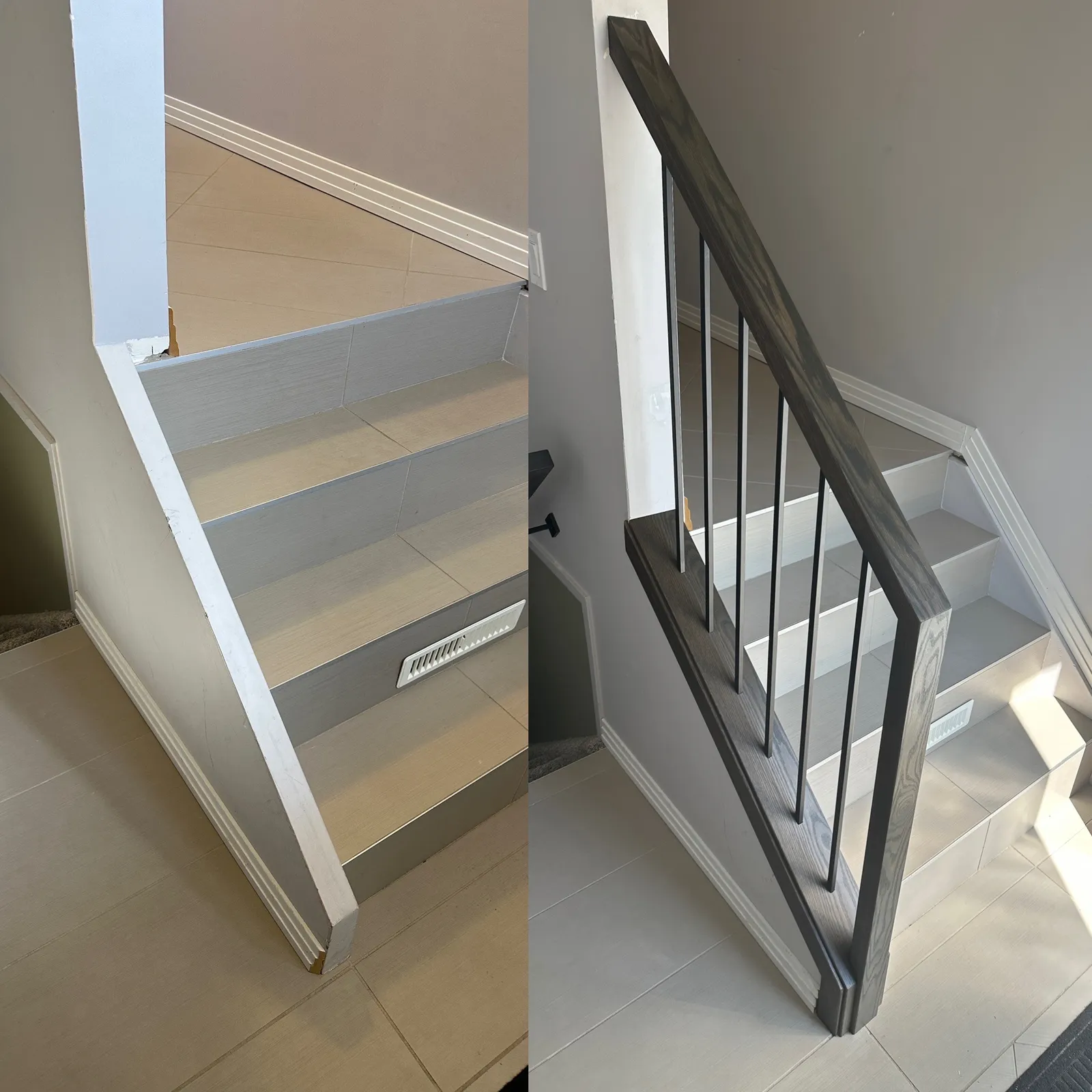 Open stairs with no railing fitted with a dark stained post and handrail with black metal spindles