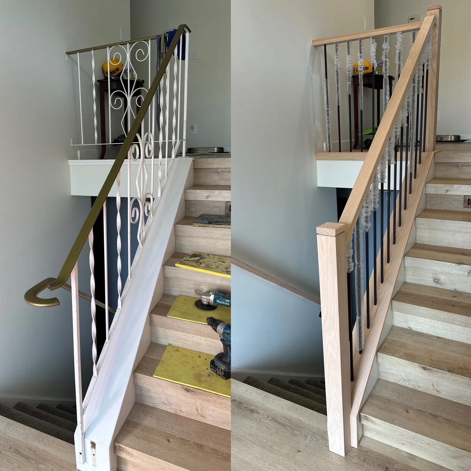 White wrought iron scroll railing replaced with a wood post and handrail with black metal spindles, photographed during the install