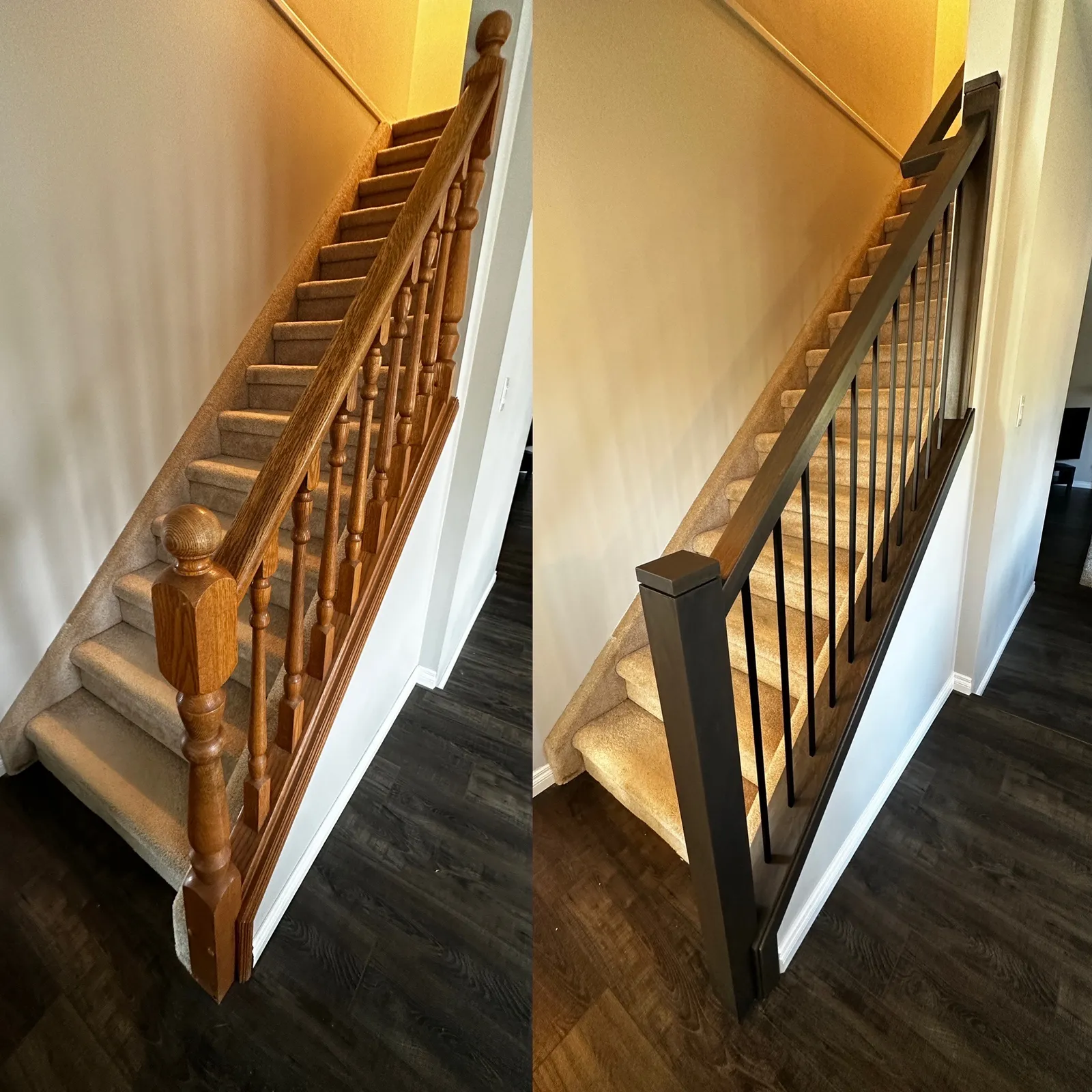 Orange oak turned spindles replaced with a dark stained square post and black metal spindles
