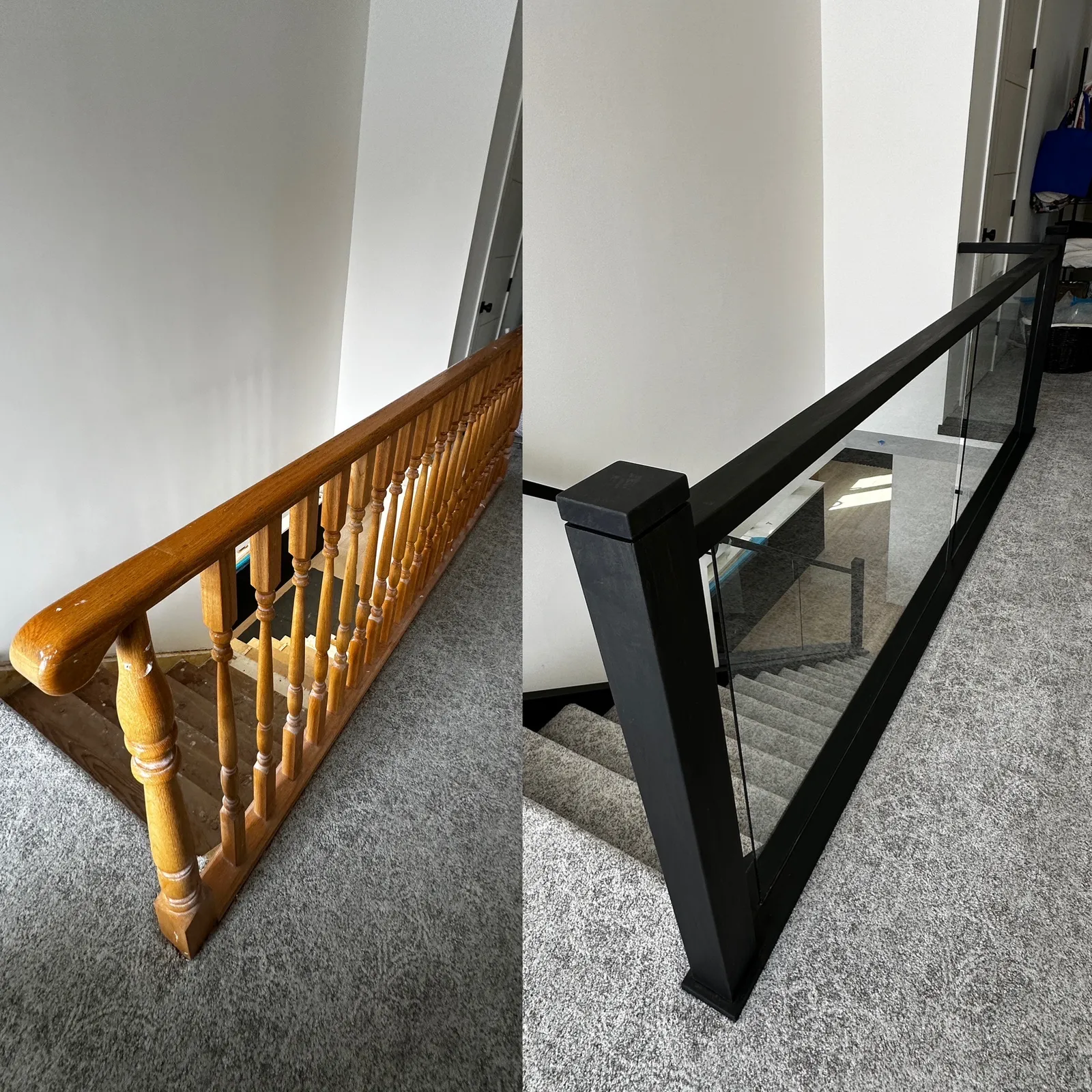 Oak turned spindle landing railing replaced with a black post and glass panel railing