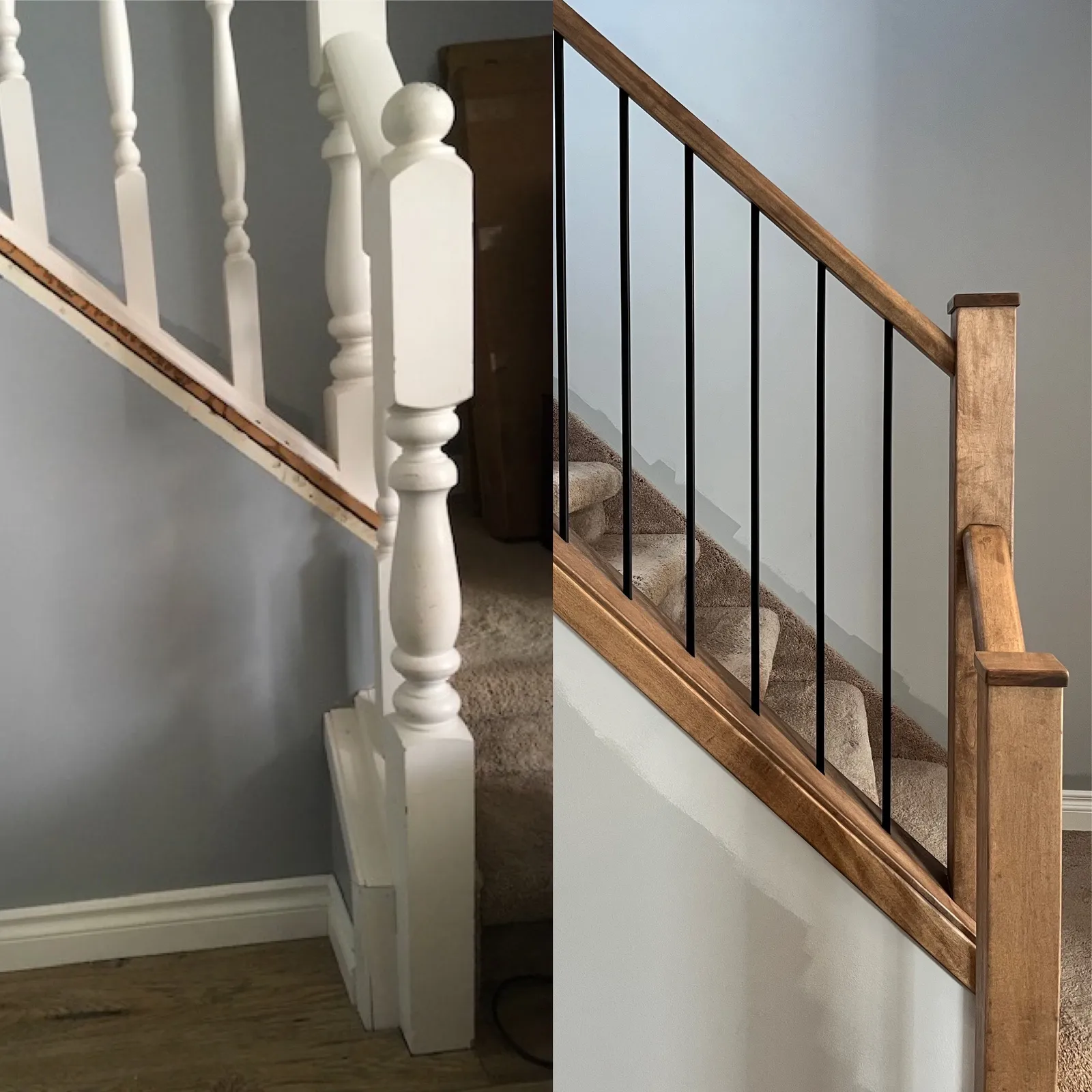 White turned spindles replaced with a stained wood handrail and black square metal spindles