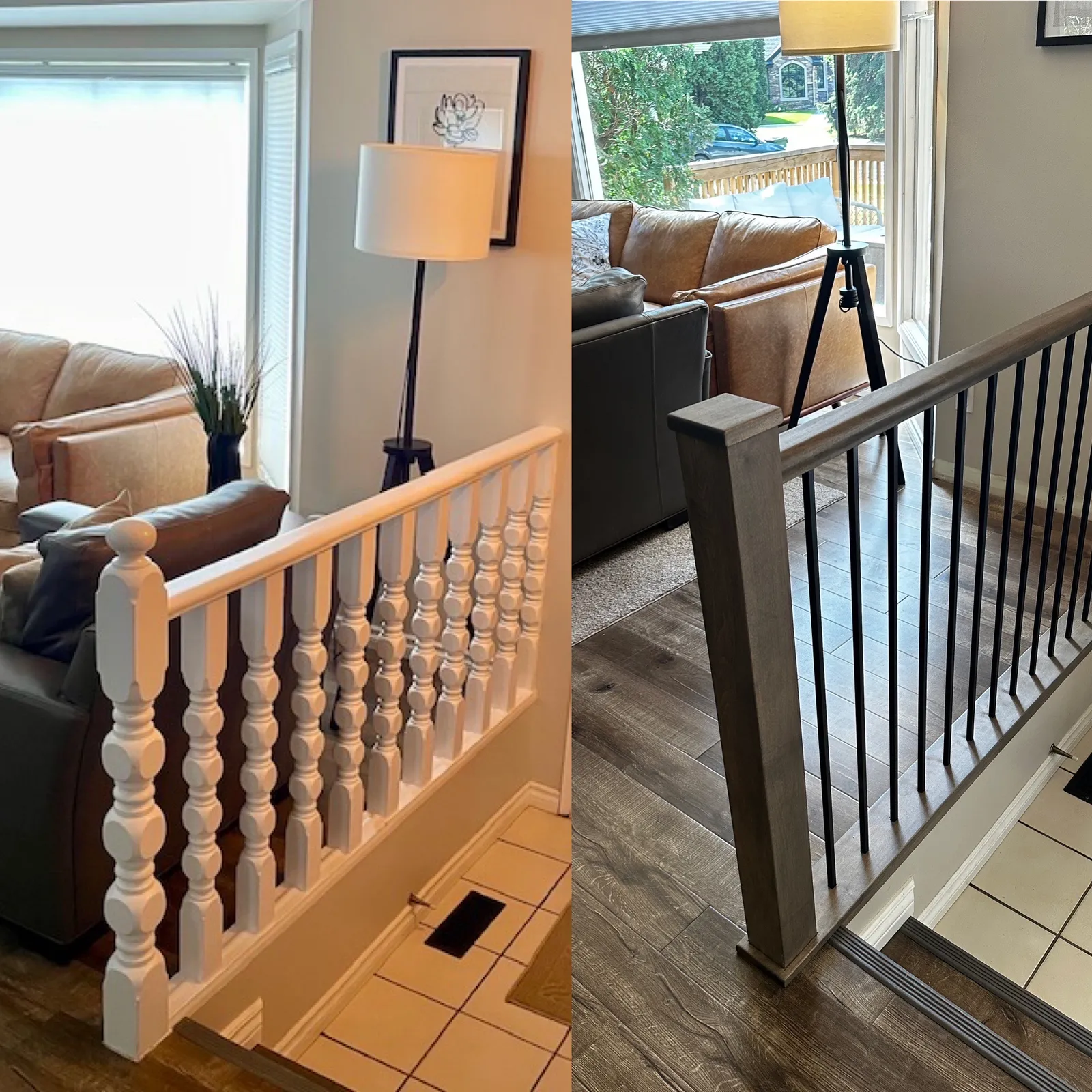 White turned spindles replaced with a grey stained post and black metal spindles