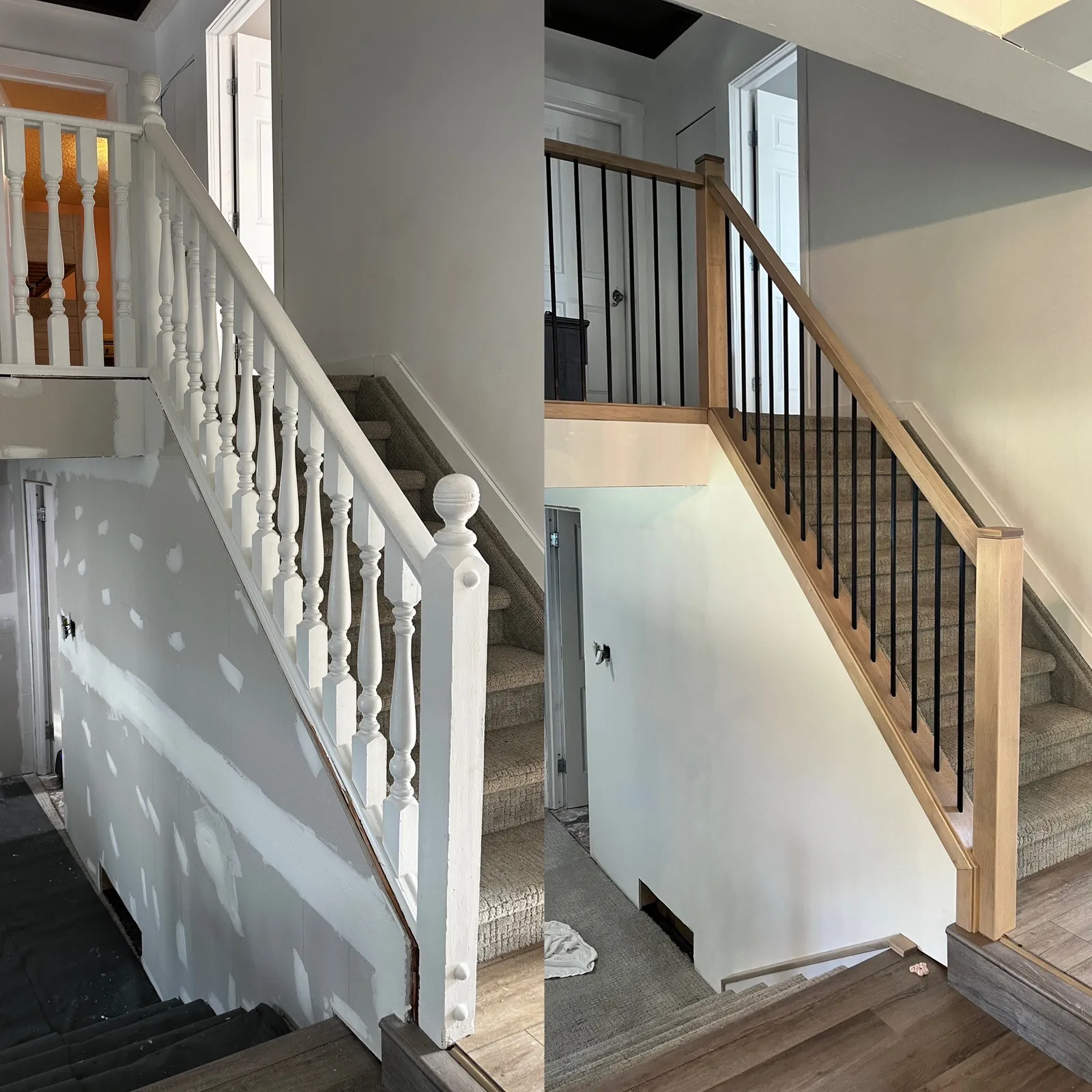 White turned spindle staircase railing replaced with natural wood posts and black metal spindles
