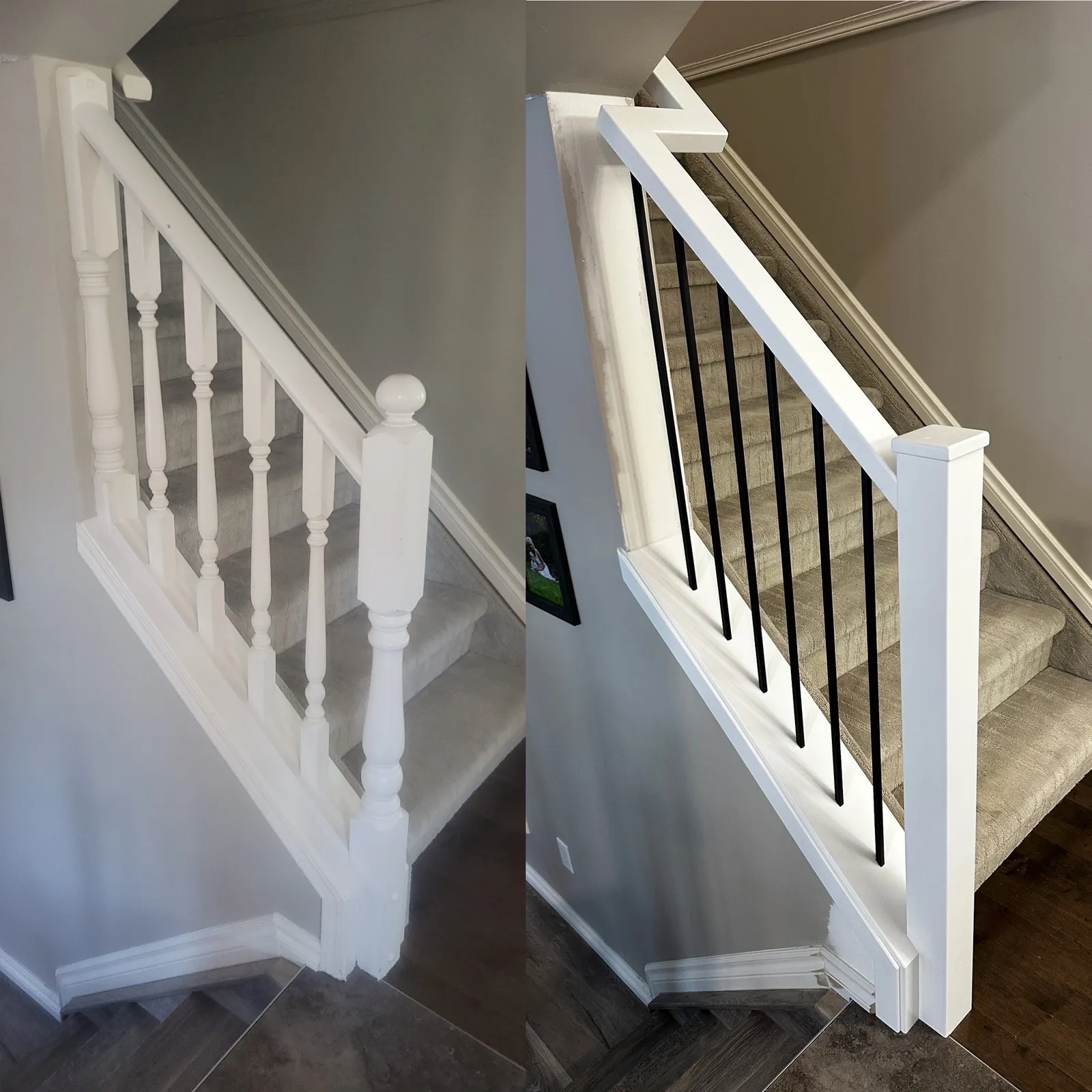 White turned spindles replaced with a white post and handrail with black metal spindles