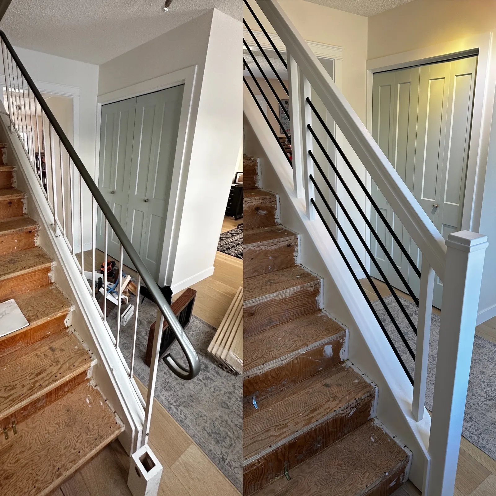 Dated metal spindle railing replaced with a white railing and black horizontal bars