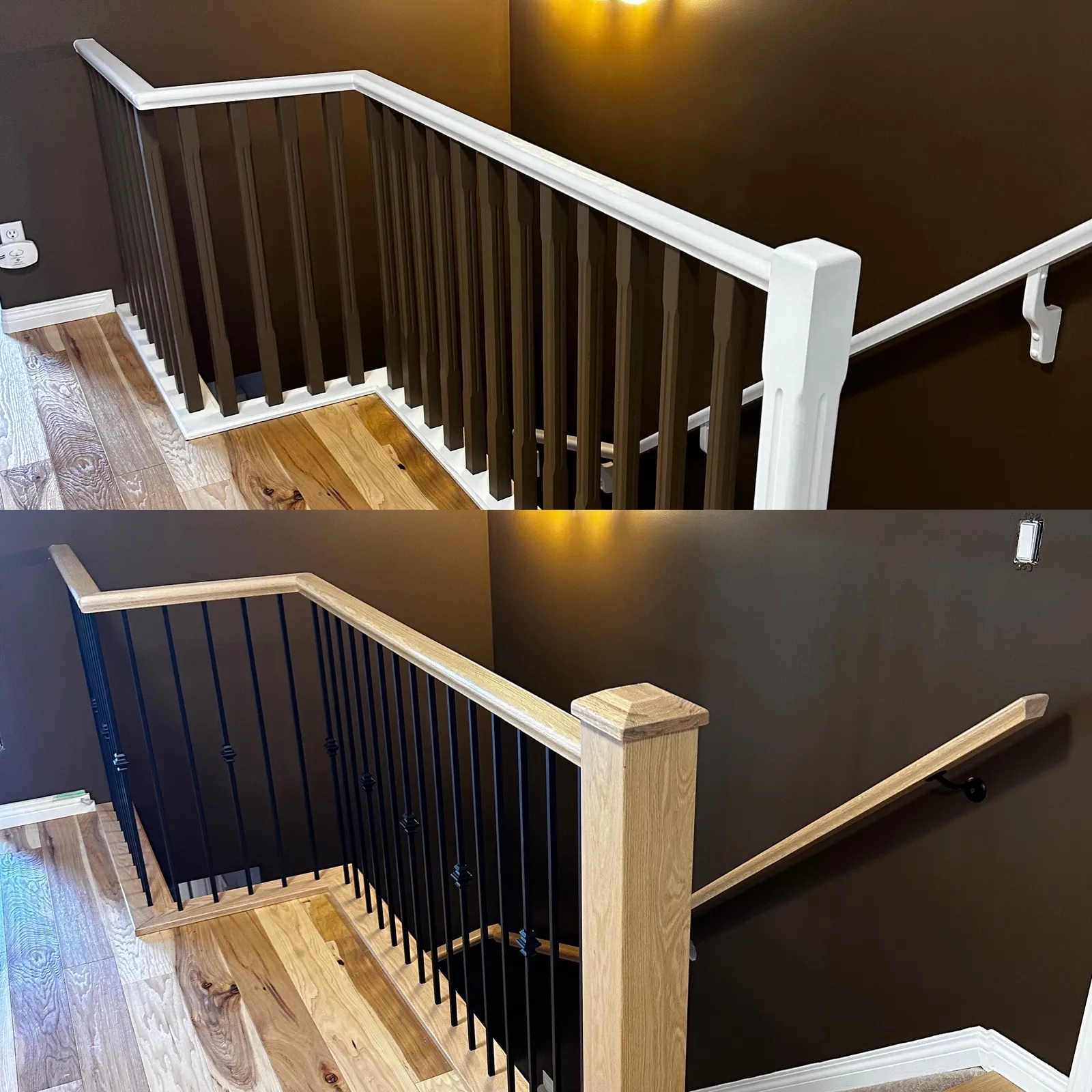 White painted posts and wood spindles replaced with natural white oak posts and handrail with black metal spindles and a wall-mounted oak handrail