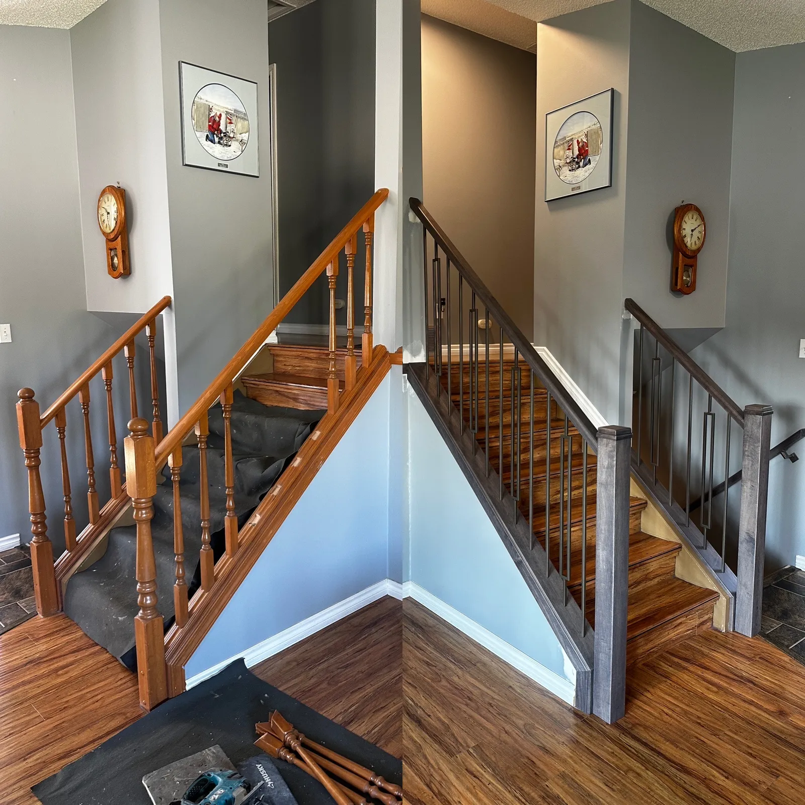 Honey stained oak turned spindles replaced with grey stained posts and handrail with black metal spindles