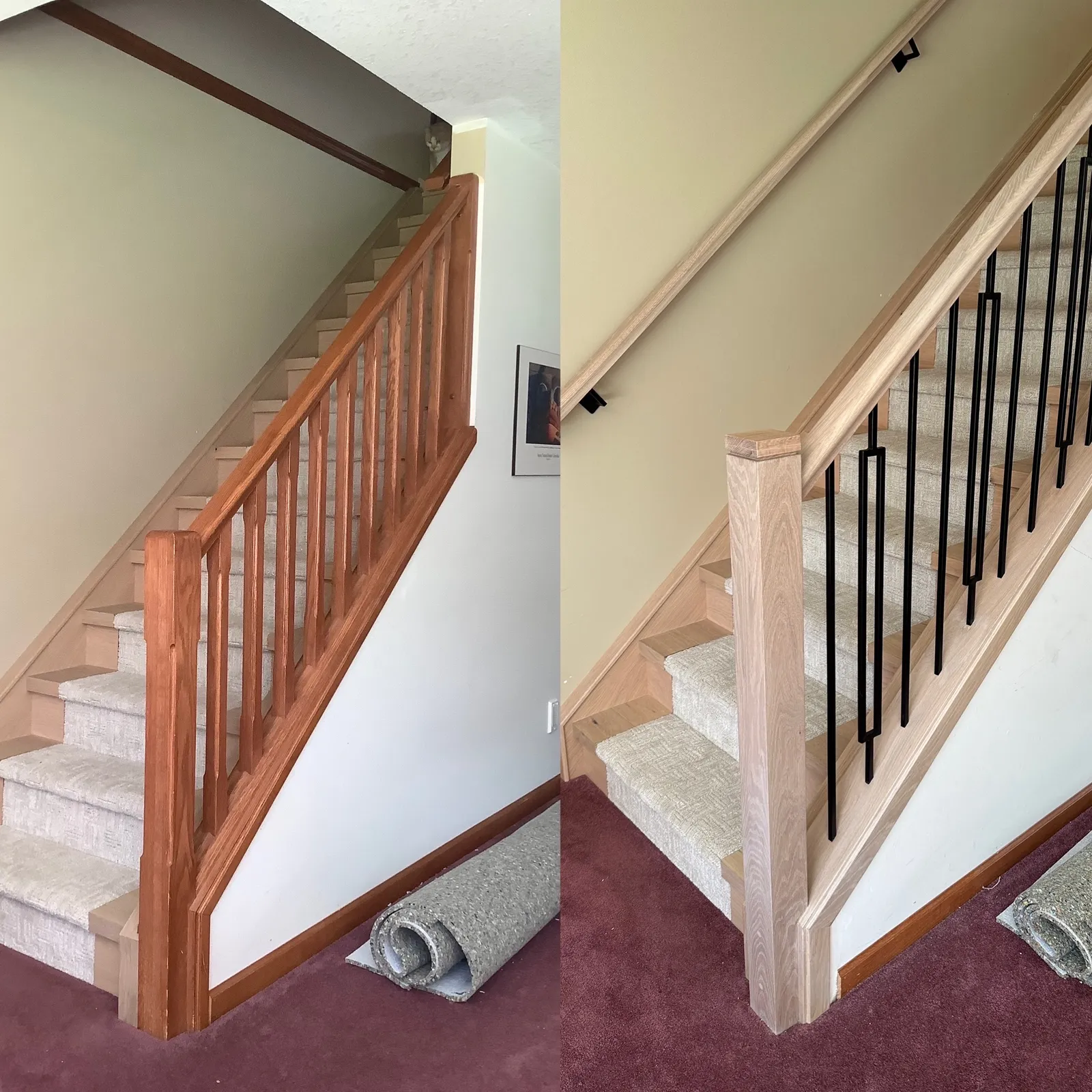 Orange oak spindle railing replaced with a natural white oak post and handrail with black metal spindles