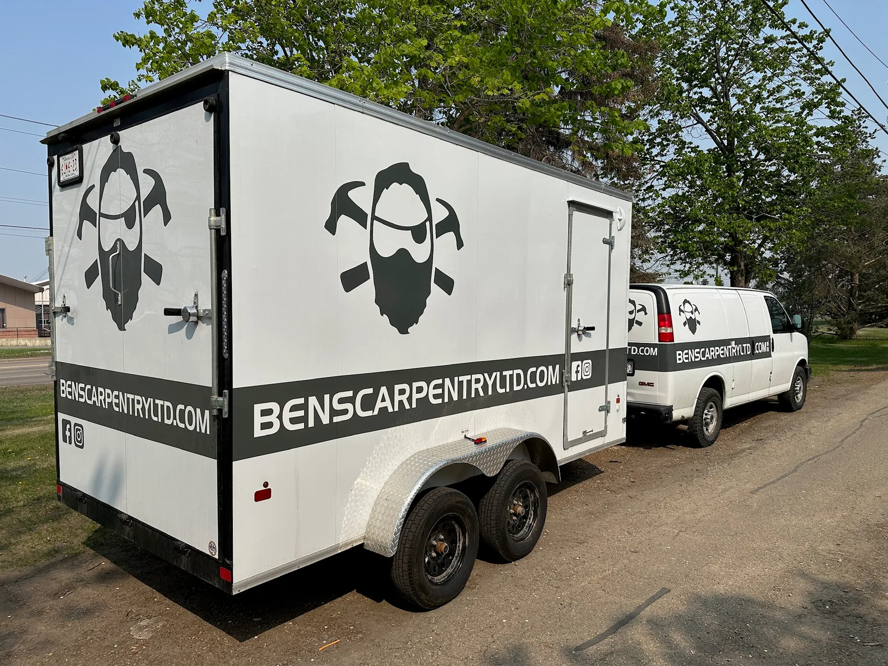 Ben's Carpentry branded trailer and van, Ben's mobile stairs and railing shop serving the Edmonton area